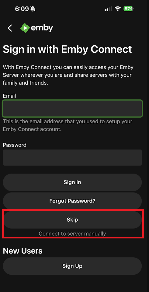 Skip Connect Screen